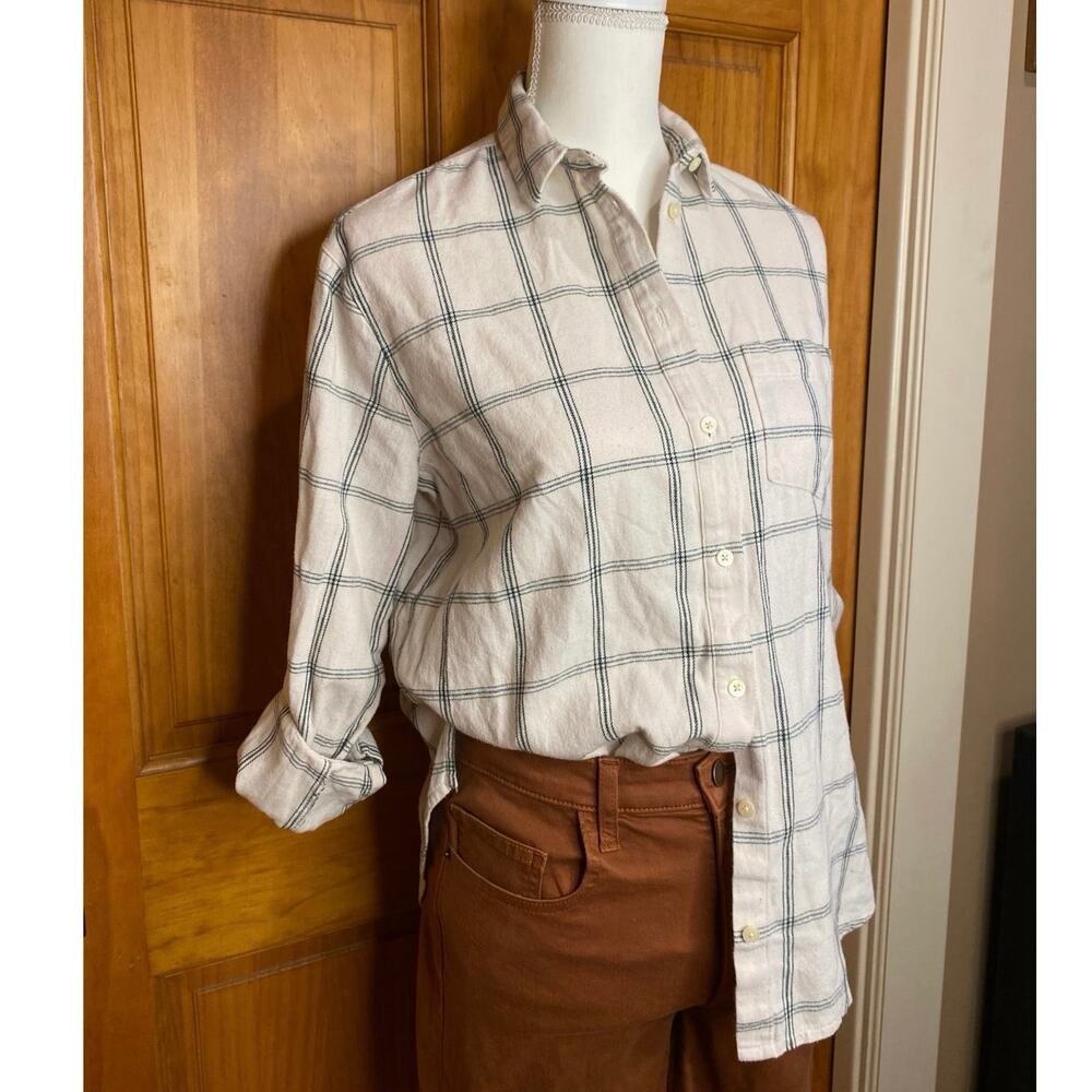 Madewell Cotton Button Down Shirt, Easy Fit, Cream & Green Windowpane Plaid, XS